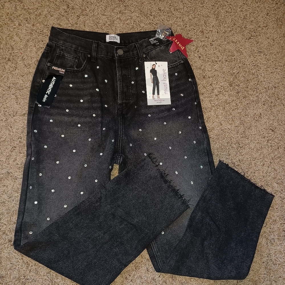 Simple Society Women's Black Super High Rise Rhinestone Studded Button Fly Jeans